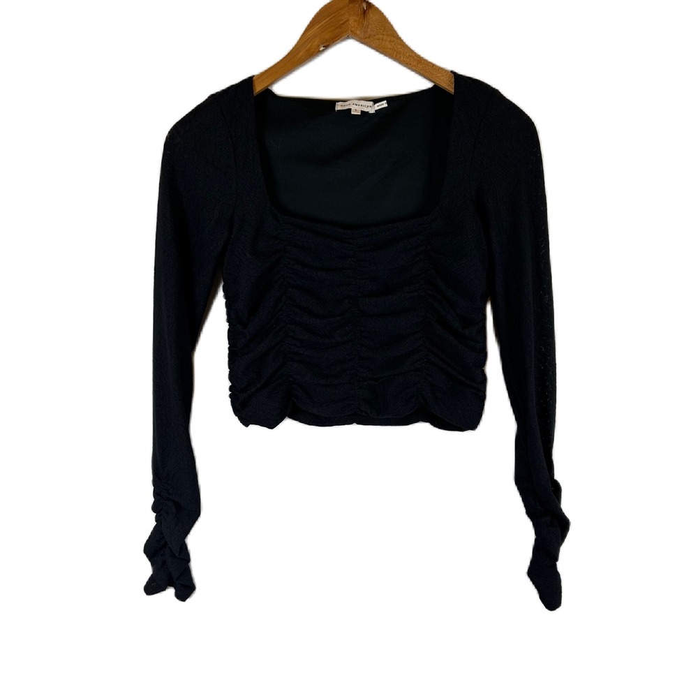 Good American Black Ruched Long Sleeve Square Neck Crop Top